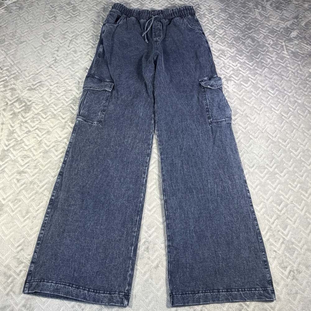 Mono B Women Cargo Pants M Mineral Wash Wide Leg Denim Terry Lounge Comfy Y2K